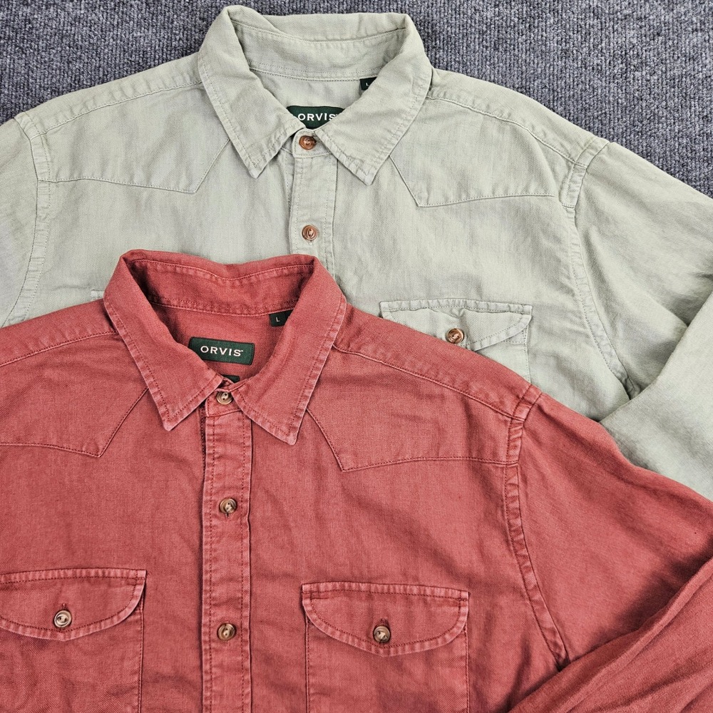 Orvis Classic Fit Linen Blend Western Shirts Men L Button Up Green Rust LOT OF 2